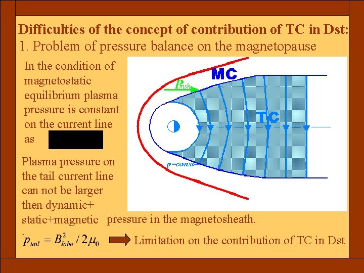 Difficulties of the concept of contribution of TC in Dst: 1. Problem of pressure