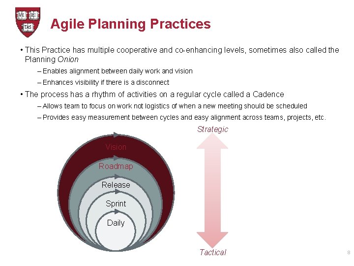 Agile Planning Practices • This Practice has multiple cooperative and co-enhancing levels, sometimes also
