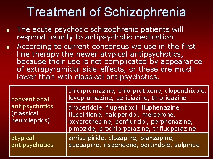 Treatment of Schizophrenia n n The acute psychotic schizophrenic patients will respond usually to