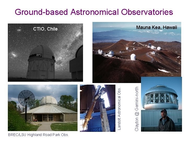 Ground-based Astronomical Observatories Landolt Astronomical Obs. BREC/LSU Highland Road Park Obs. Clayton @ Gemini-north