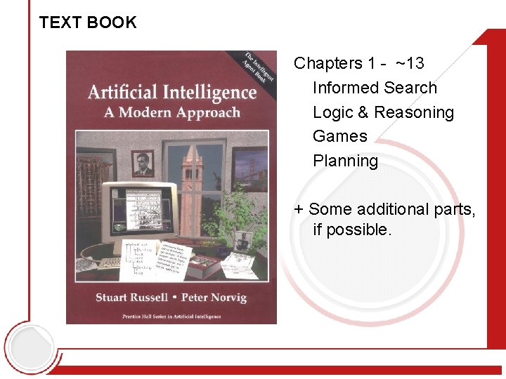 TEXT BOOK Chapters 1 - ~13 Informed Search Logic & Reasoning Games Planning +