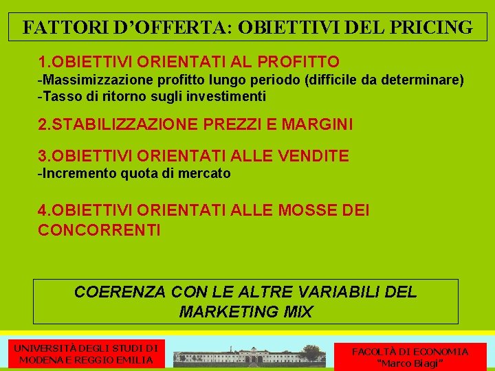 FATTORI D’OFFERTA: OBIETTIVI DEL PRICING 1. OBIETTIVI ORIENTATI AL PROFITTO -Massimizzazione profitto lungo periodo