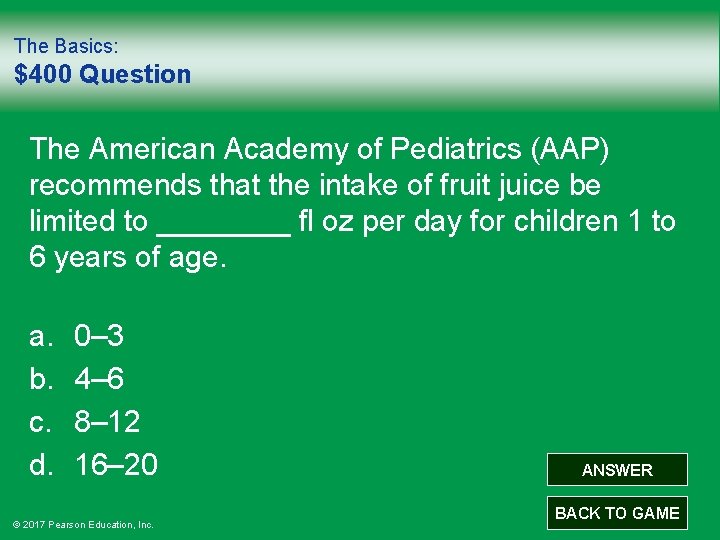 The Basics: $400 Question The American Academy of Pediatrics (AAP) recommends that the intake