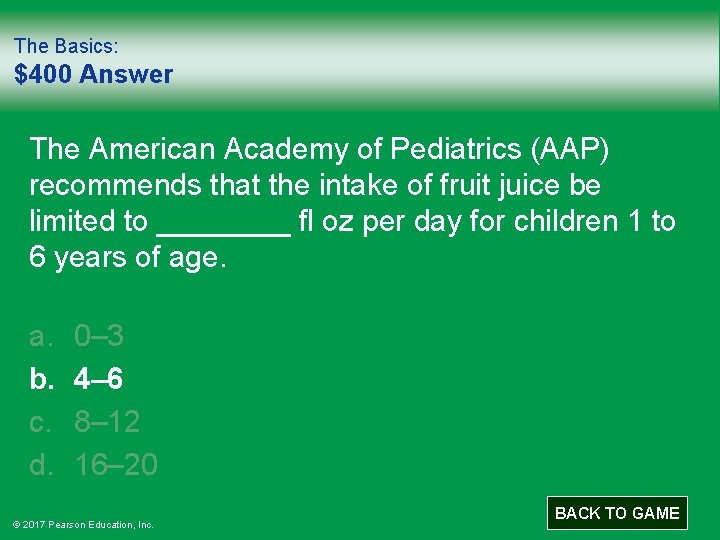 The Basics: $400 Answer The American Academy of Pediatrics (AAP) recommends that the intake
