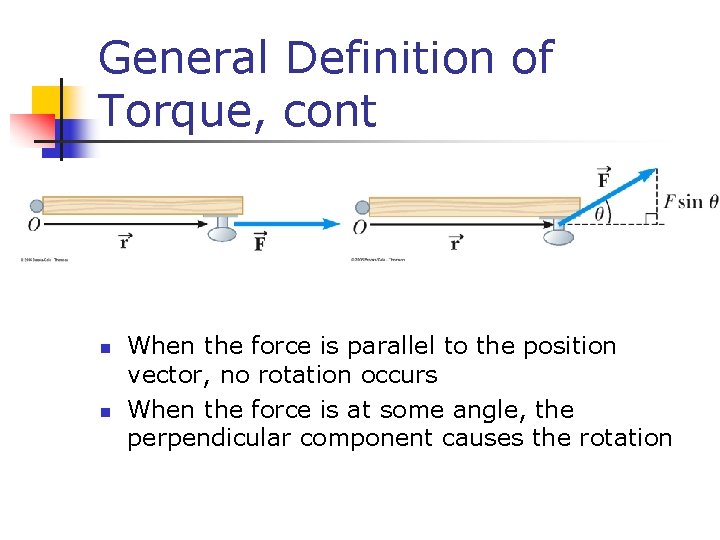 General Definition of Torque, cont n n When the force is parallel to the