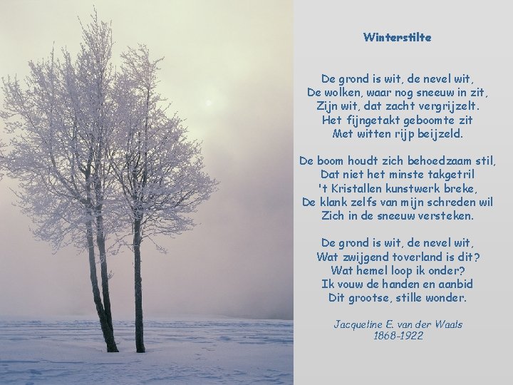 Winterstilte De grond is wit, de nevel wit, De wolken, waar nog sneeuw in