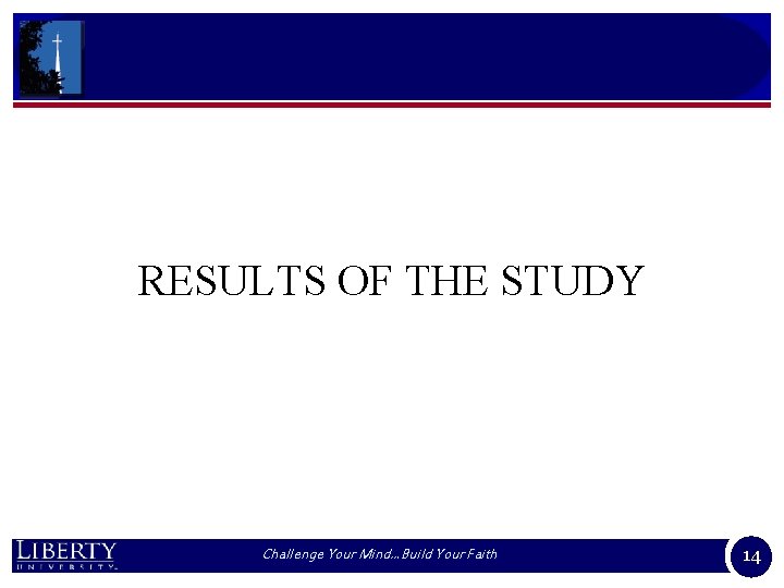 RESULTS OF THE STUDY Challenge Your Mind…Build Your Faith 14 