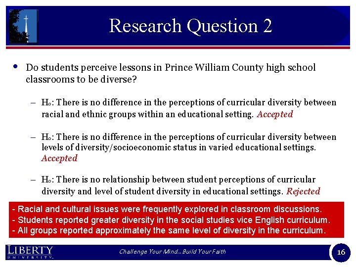 Research Question 2 • Do students perceive lessons in Prince William County high school