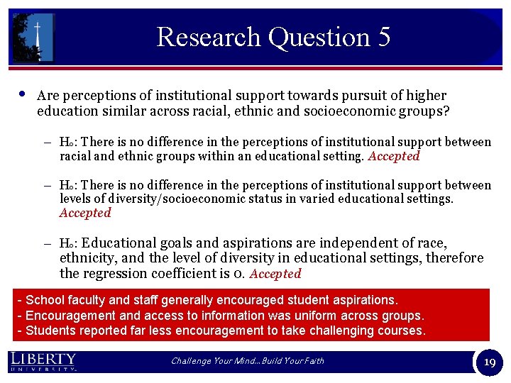 Research Question 5 • Are perceptions of institutional support towards pursuit of higher education