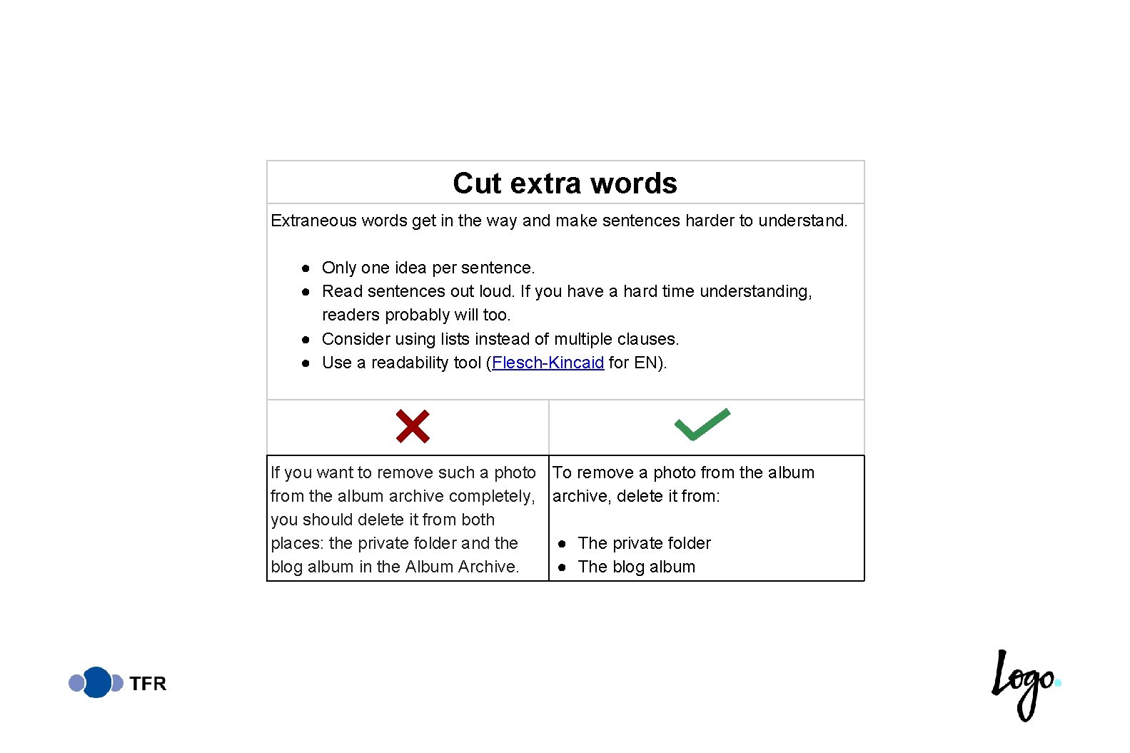 Cut extra words Extraneous words get in the way and make sentences harder to
