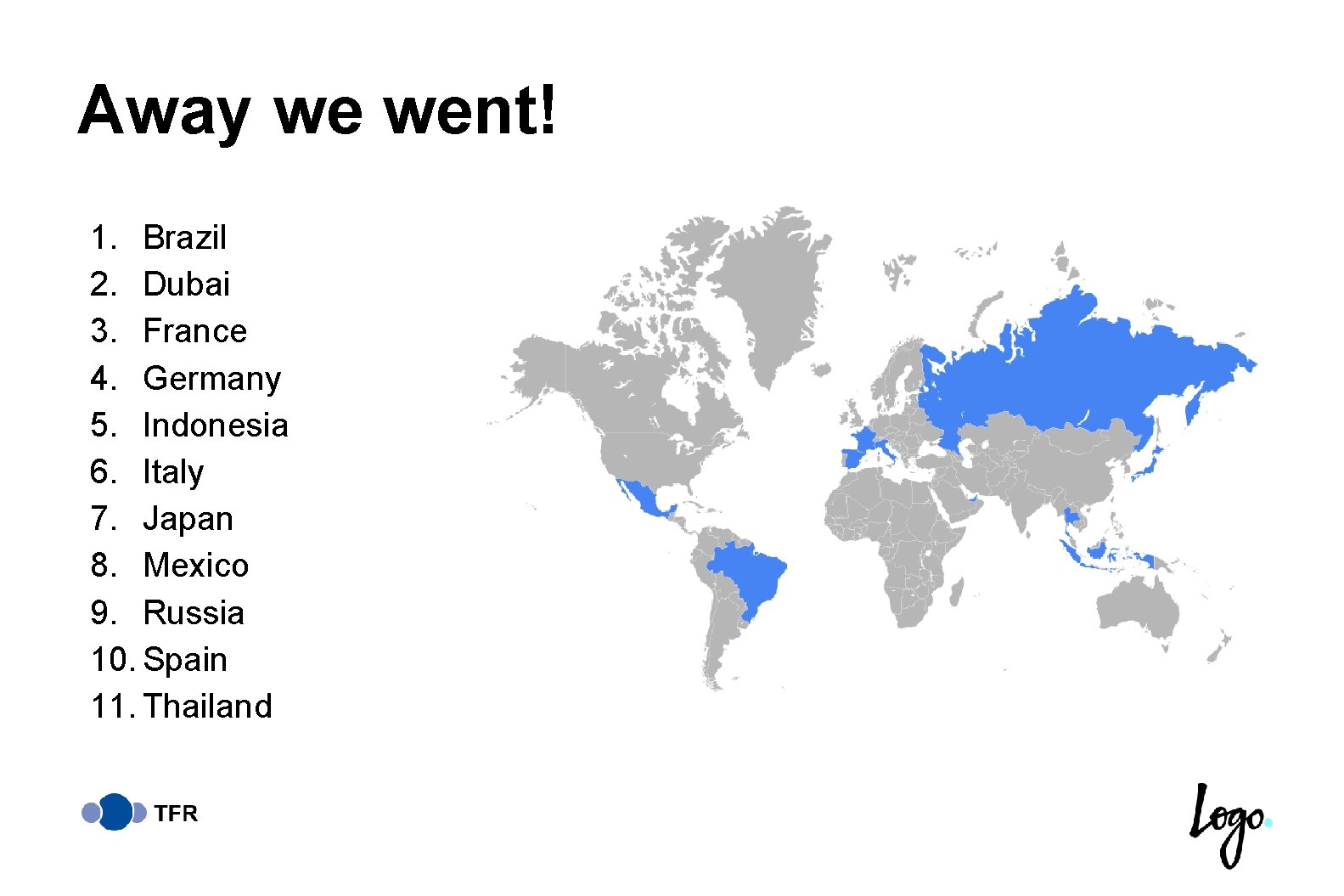 Away we went! 1. Brazil 2. Dubai 3. France 4. Germany 5. Indonesia 6.