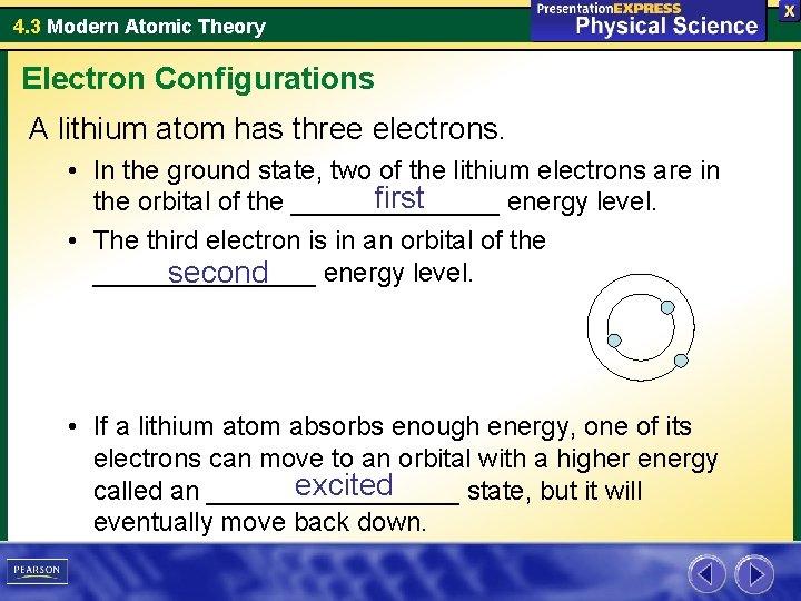 4. 3 Modern Atomic Theory Electron Configurations A lithium atom has three electrons. • 4. 3 Modern Atomic Theory Electron Configurations A lithium atom has three electrons. •