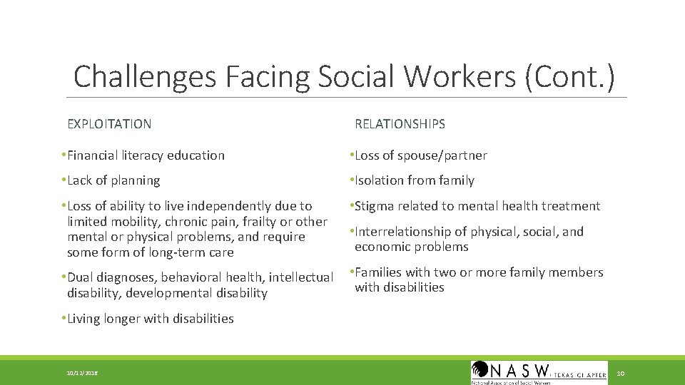 Challenges Facing Social Workers (Cont. ) EXPLOITATION RELATIONSHIPS • Financial literacy education • Loss