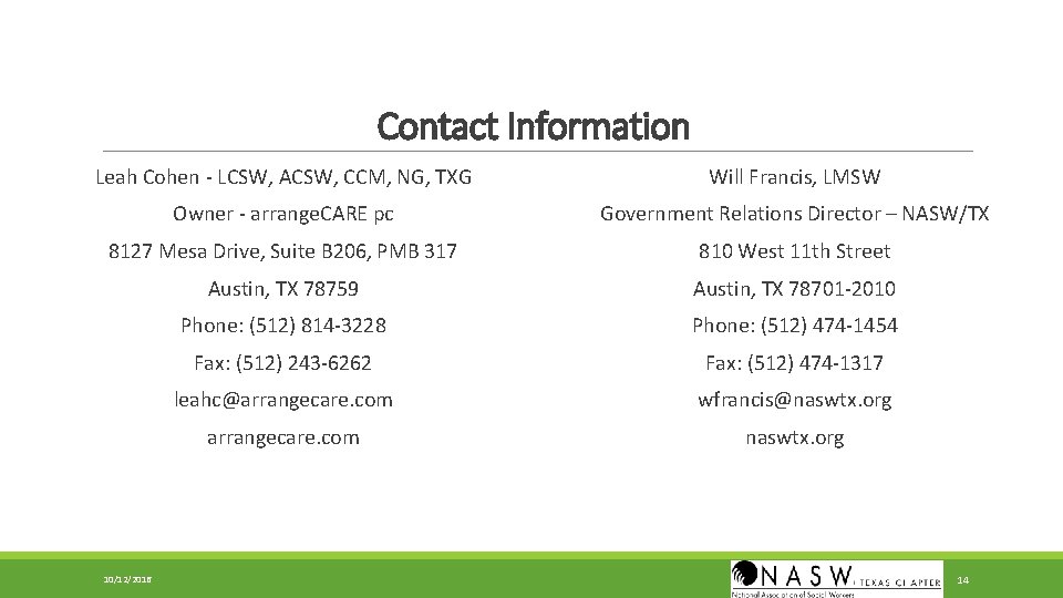 Contact Information Leah Cohen - LCSW, ACSW, CCM, NG, TXG Will Francis, LMSW Owner