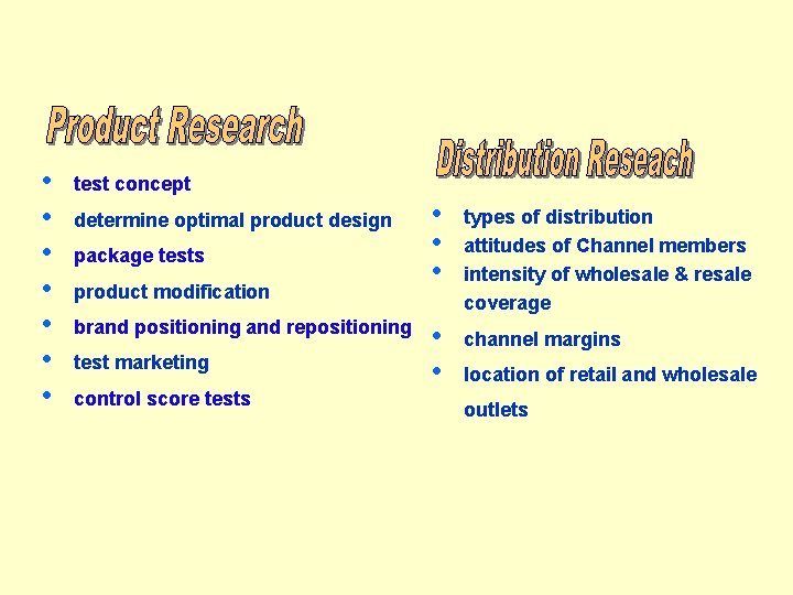  • • test concept determine optimal product design package tests product modification brand