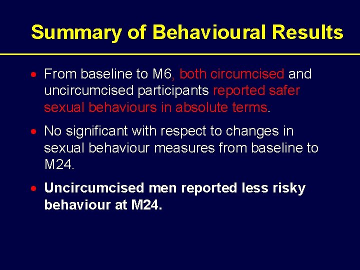 Summary of Behavioural Results · From baseline to M 6, both circumcised and uncircumcised