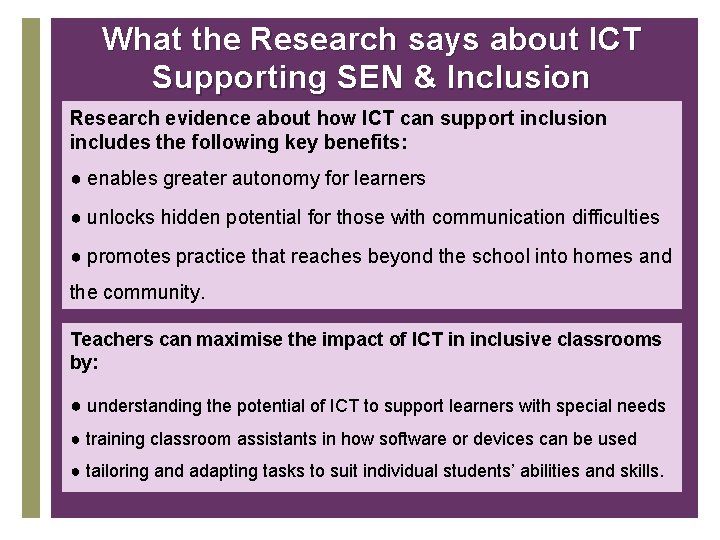 What the Research says about ICT Supporting SEN & Inclusion Research evidence about how