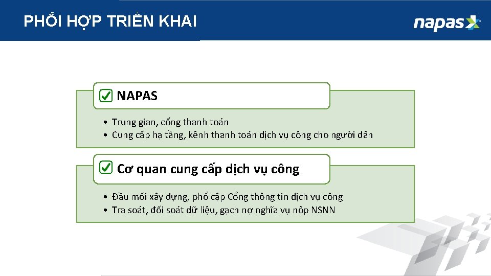 PHỐI HỢP TRIỂN KHAI NAPAS • Trung gian, cổng thanh toán • Cung cấp