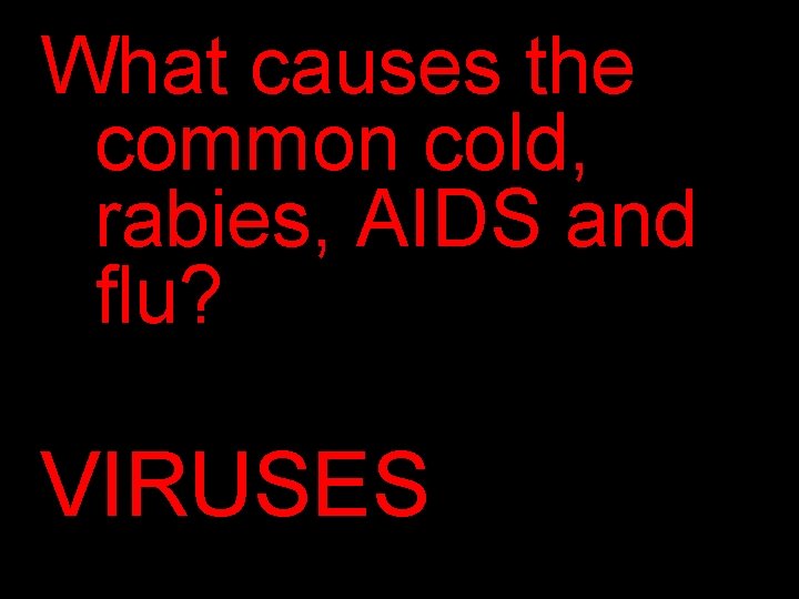 What causes the common cold, rabies, AIDS and flu? VIRUSES 