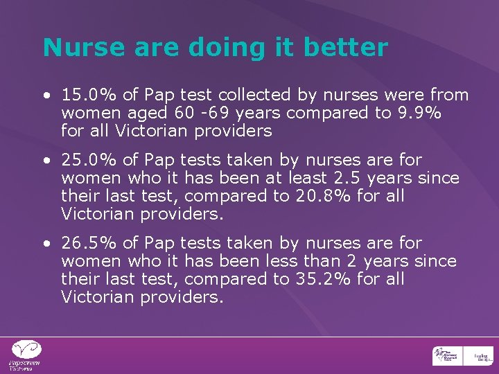 Nurse are doing it better • 15. 0% of Pap test collected by nurses