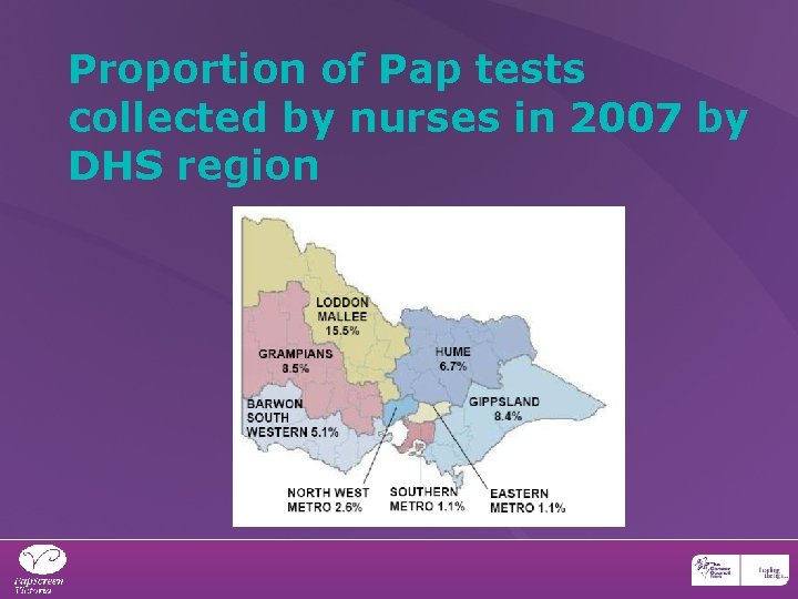 Proportion of Pap tests collected by nurses in 2007 by DHS region 