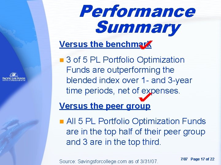 Performance Summary Versus the benchmark n 3 of 5 PL Portfolio Optimization Funds are