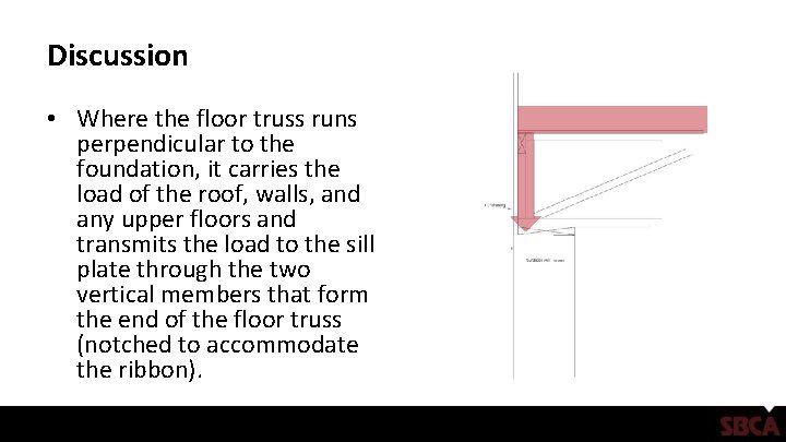 Discussion • Where the floor truss runs perpendicular to the foundation, it carries the