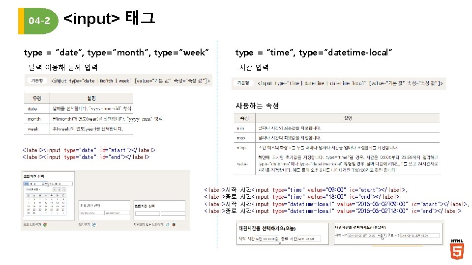 04 -2 <input> 태그 type = “date”, type=“month”, type=“week” type = “time”, type=“datetime-local” 달력