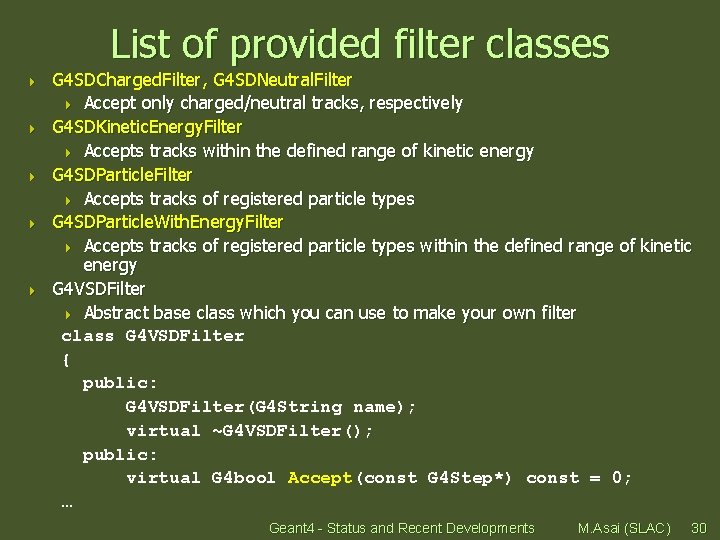 List of provided filter classes 4 4 4 G 4 SDCharged. Filter, G 4