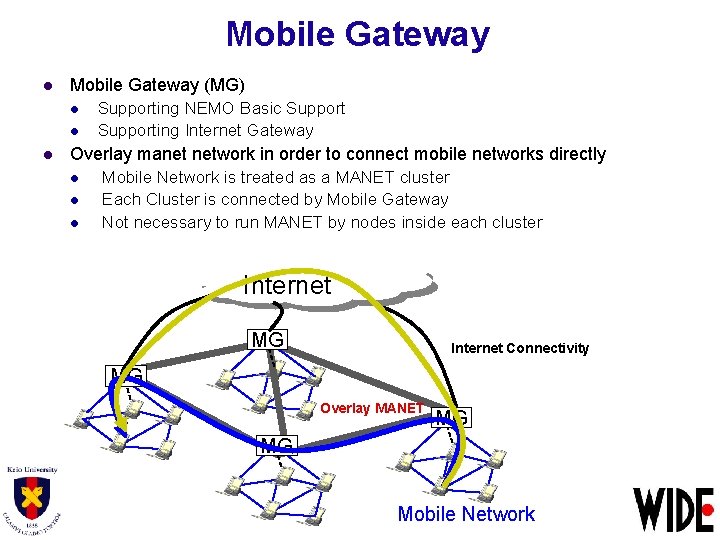 Mobile Gateway l Mobile Gateway (MG) l l l Supporting NEMO Basic Supporting Internet