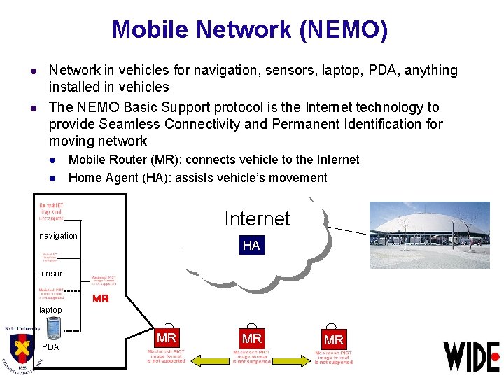 Mobile Network (NEMO) l l Network in vehicles for navigation, sensors, laptop, PDA, anything