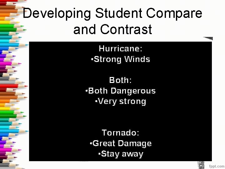 Developing Student Compare and Contrast Hurricane: • Strong Winds Both: • Both Dangerous •