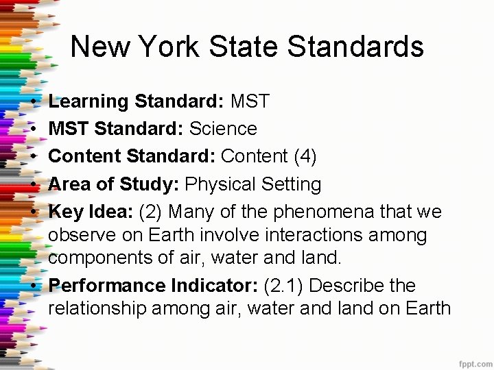 New York State Standards • • • Learning Standard: MST Standard: Science Content Standard: