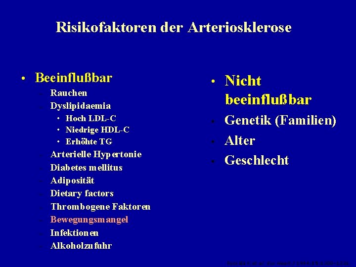 Risikofaktoren der Arteriosklerose • Beeinflußbar – – Rauchen Dyslipidaemia • Hoch LDL-C • Niedrige