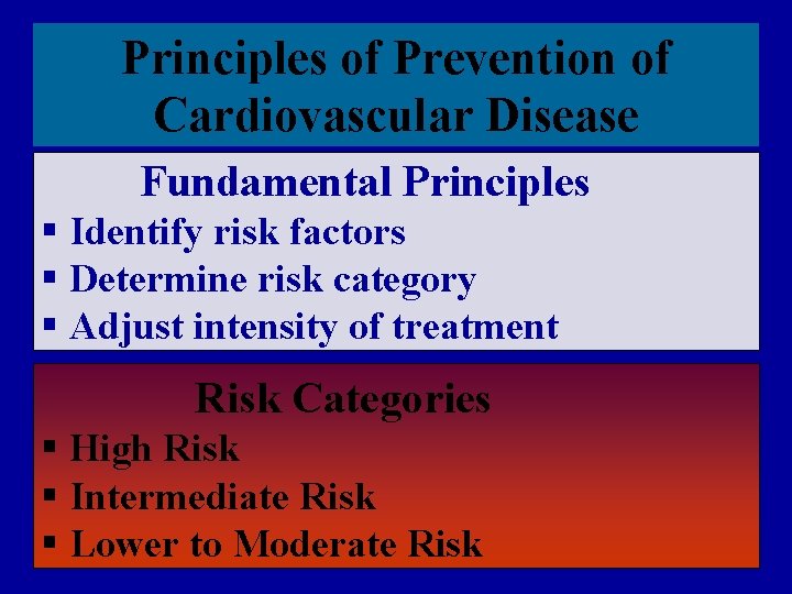 Principles of Prevention of Cardiovascular Disease. Fundamental Principles § Identify risk factors § Determine