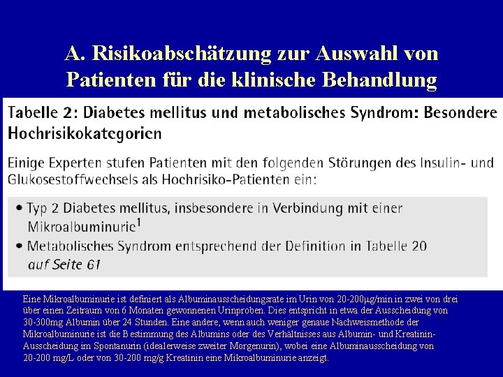 A. Risikoabschätzung zur Auswahl von Patienten für die klinische Behandlung Eine Mikroalbuminurie ist definiert