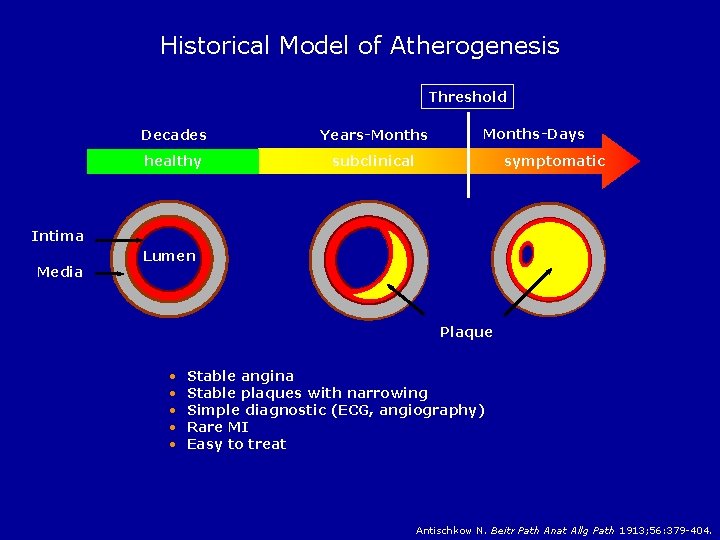 Historical Model of Atherogenesis Threshold Decades Years-Months healthy subclinical Months-Days symptomatic Intima Media Lumen
