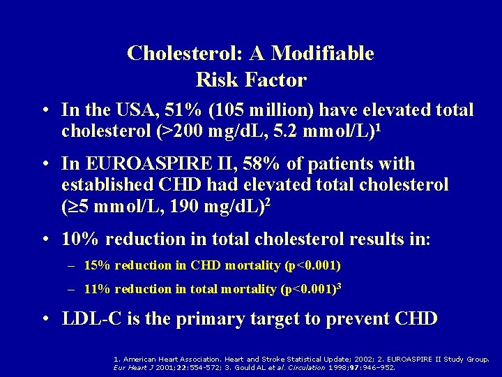 Cholesterol: A Modifiable Risk Factor • In the USA, 51% (105 million) have elevated