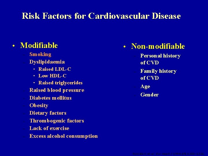 Risk Factors for Cardiovascular Disease • Modifiable – – Smoking Dyslipidaemia • Raised LDL-C