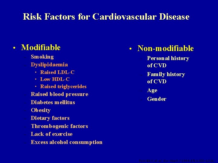 Risk Factors for Cardiovascular Disease • Modifiable – – Smoking Dyslipidaemia • Raised LDL-C