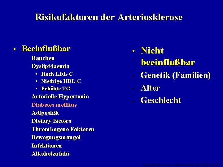 Risikofaktoren der Arteriosklerose • Beeinflußbar – – Rauchen Dyslipidaemia • Hoch LDL-C • Niedrige