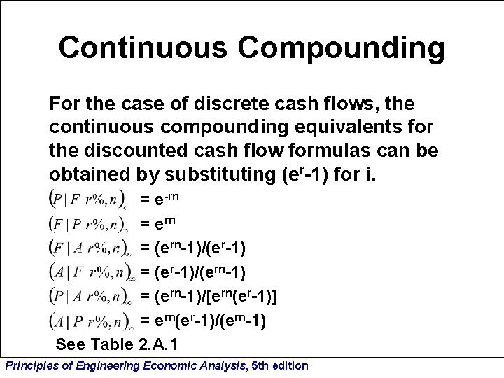 Continuous Compounding For the case of discrete cash flows, the continuous compounding equivalents for