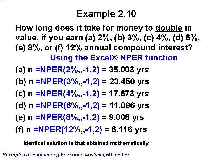 Example 2. 10 How long does it take for money to double in value,
