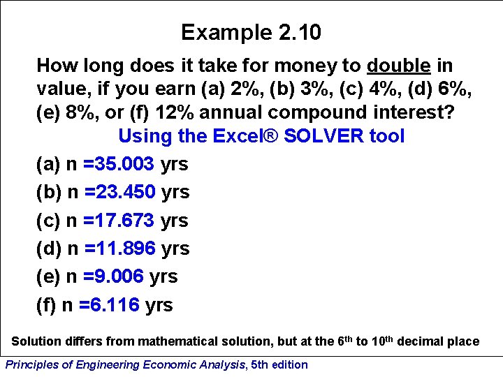 Example 2. 10 How long does it take for money to double in value,