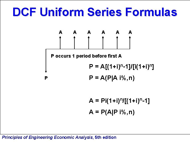 DCF Uniform Series Formulas A A A P occurs 1 period before first A