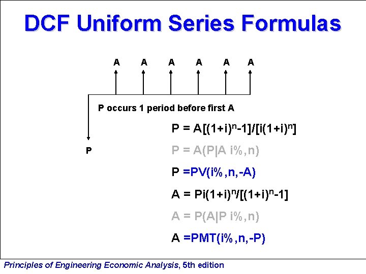 DCF Uniform Series Formulas A A A P occurs 1 period before first A