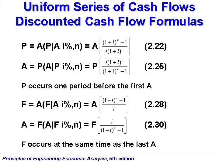 Uniform Series of Cash Flows Discounted Cash Flow Formulas P = A(P|A i%, n)