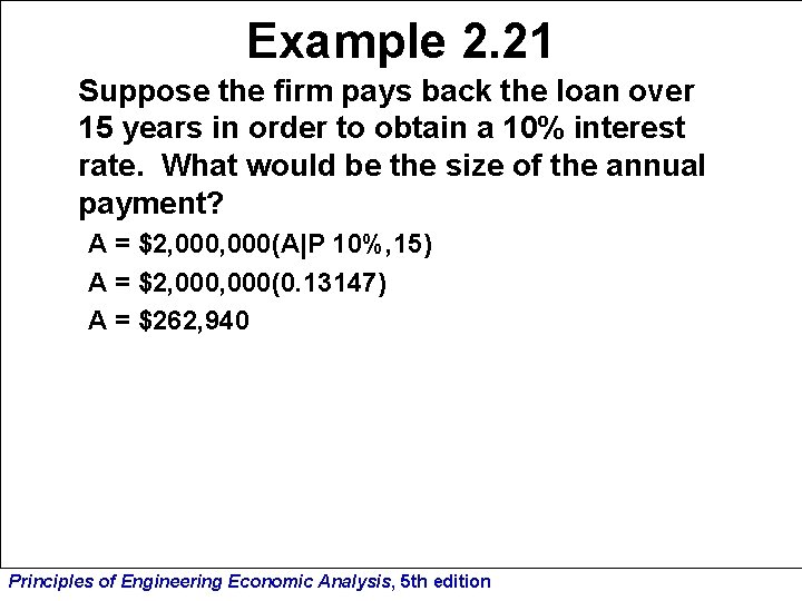 Example 2. 21 Suppose the firm pays back the loan over 15 years in