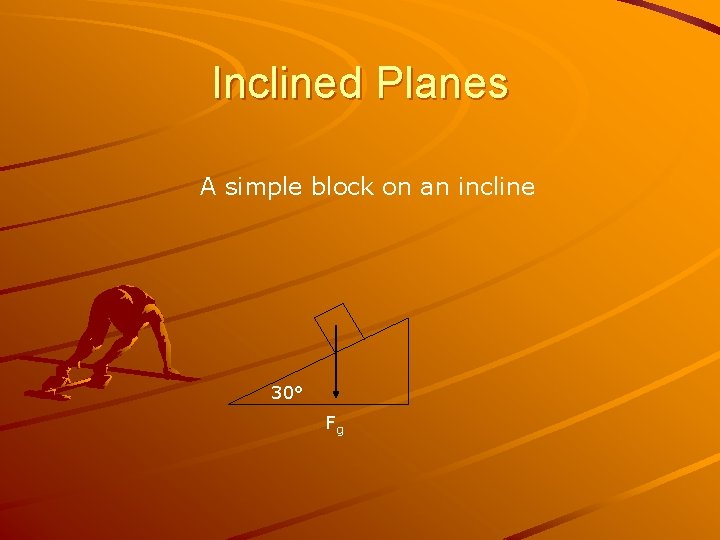 Inclined Planes A simple block on an incline 30° Fg 