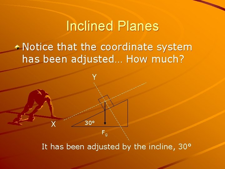 Inclined Planes Notice that the coordinate system has been adjusted… How much? Y X